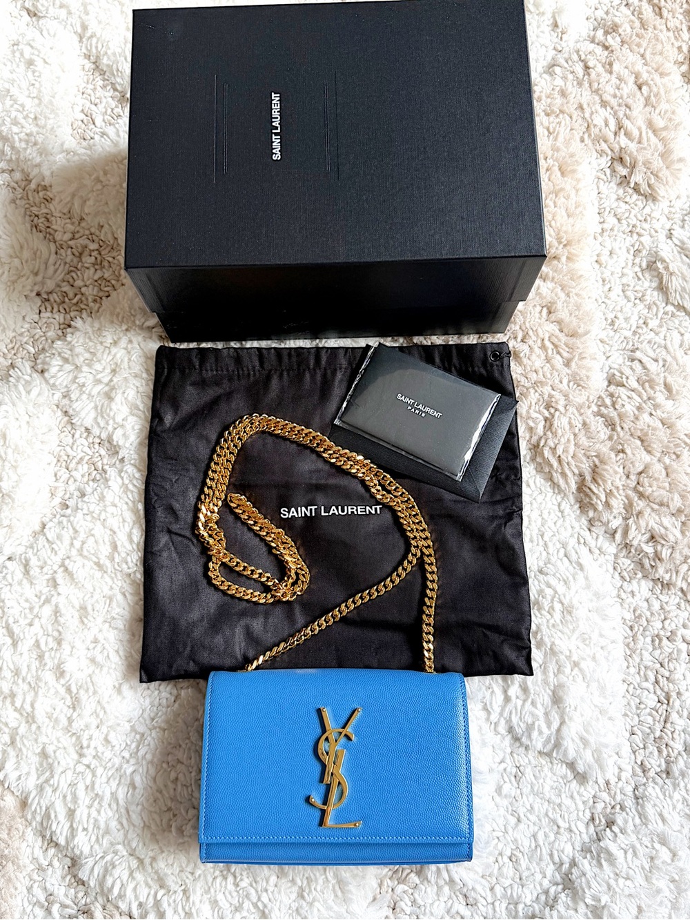 Saint Laurent YSL small Kate blue gold chain flap bag crossbody shoulder bag